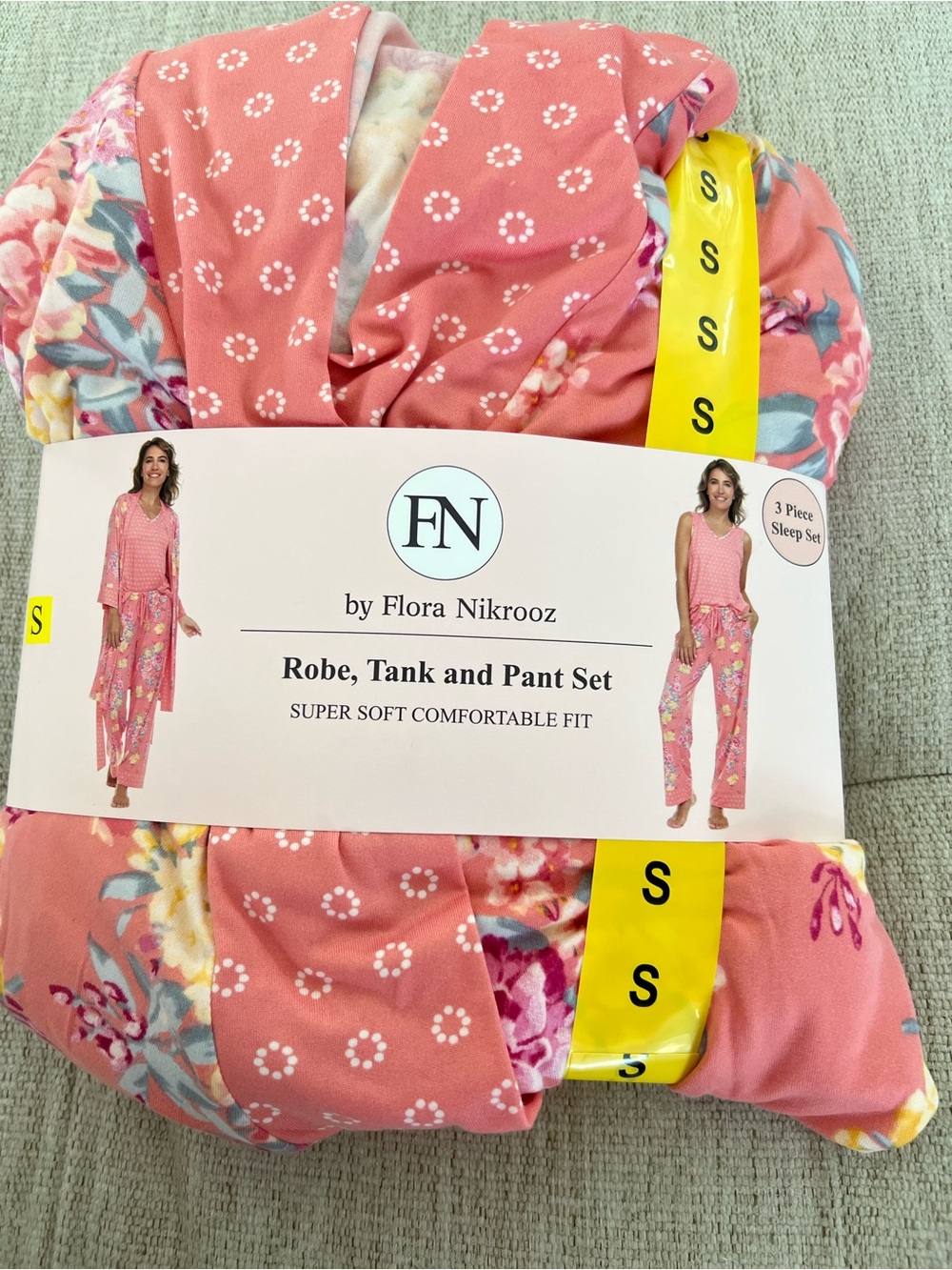 Flora Nikrooz Coral Pink Floral Robe, Tank & Pant Sleep Set
